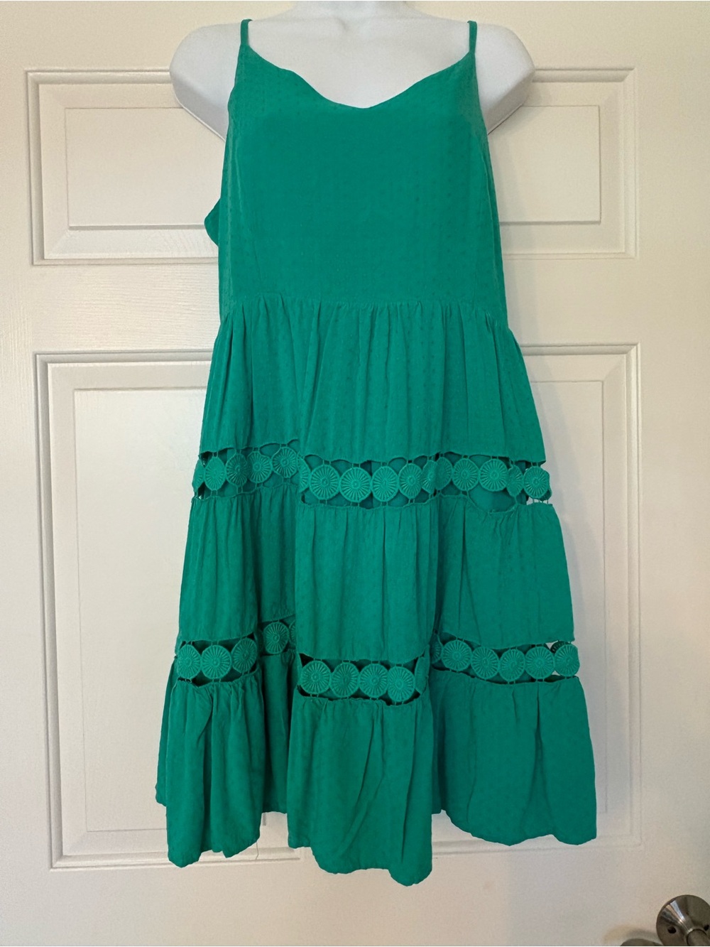 Women’s Skies are Blue Green Tiered Sundress with Crochet Trim, Size Medium